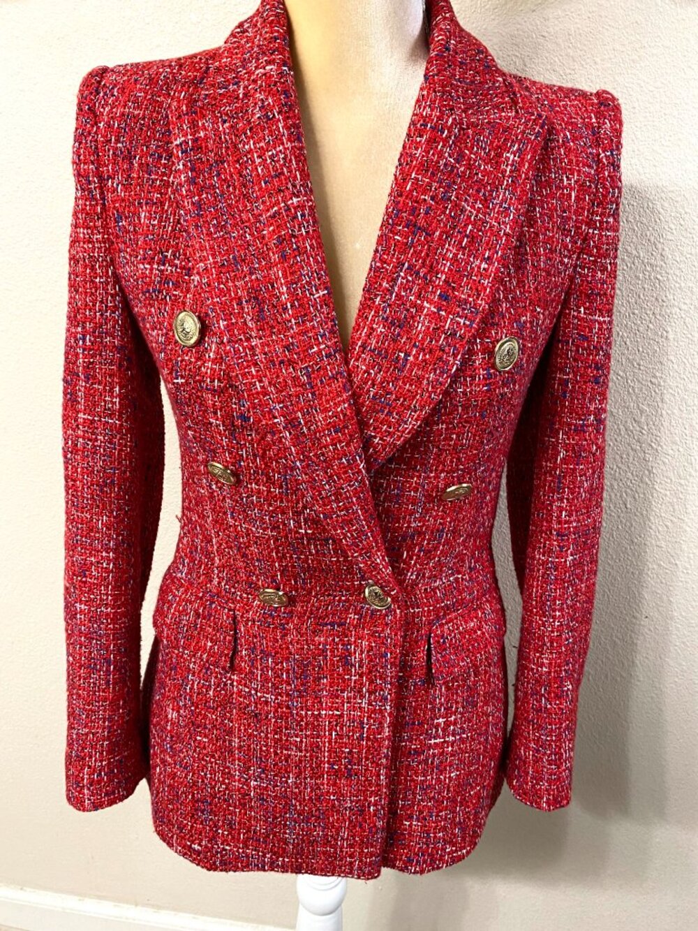 Zara Tweed Double-Breasted Red Blazer Jacket XS - Picture 5 of 13